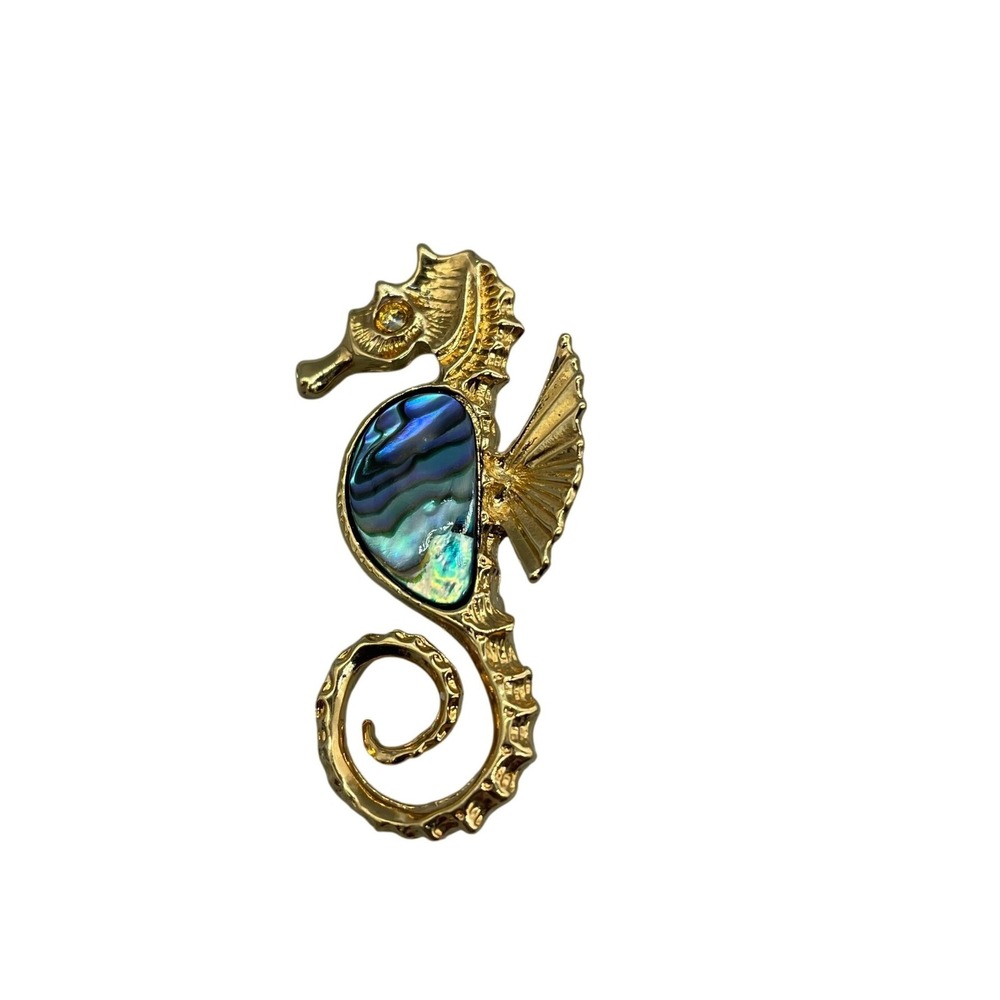 Vtg Gold Tone Seahorse Brooch‎ Pin Abalone Shell Inlay Nautical Coastal Jewelry
